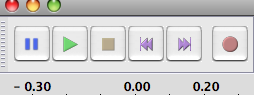 The main controls in Audacity: Pause, Play, Stop, Back, Forward and Record.