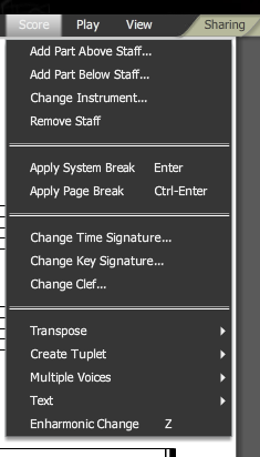 Adjust properties of your score using the Score Menu