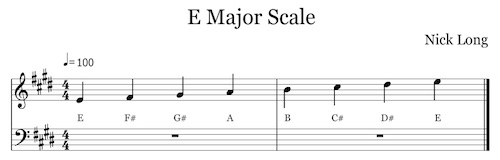 Listen to the E Major scale. (click to view interactive score)