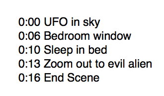 Example timecode list for key moments in the video