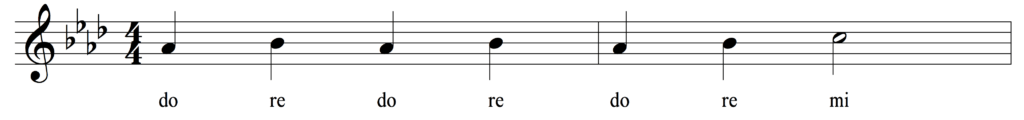 Here is the same melody transposed to the key of A-flat. The written notes change to match the key, but the solfège is the same.