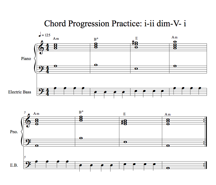 Minor Chord Progression example practice i-ii dim-V-i