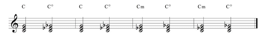 C major and C minor chords compared to C diminished